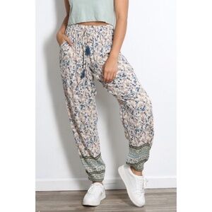 ANGIE Ivory & Blue Floral Print Rayon Joggers
